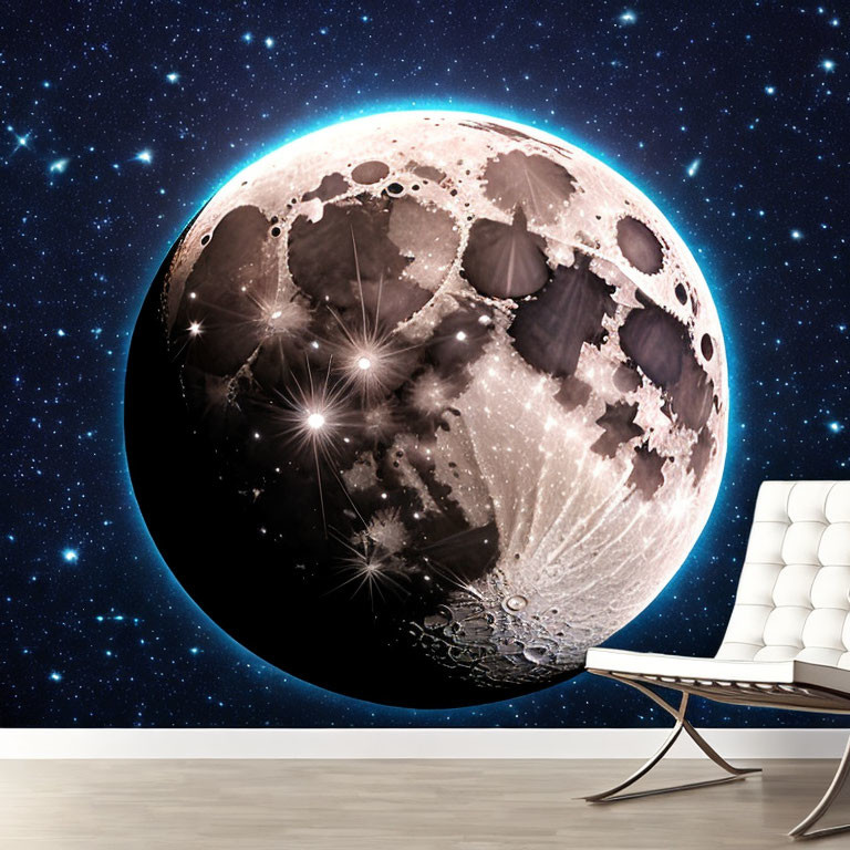 Detailed Moon Art on Starry Space Wallpaper with Modern Furniture