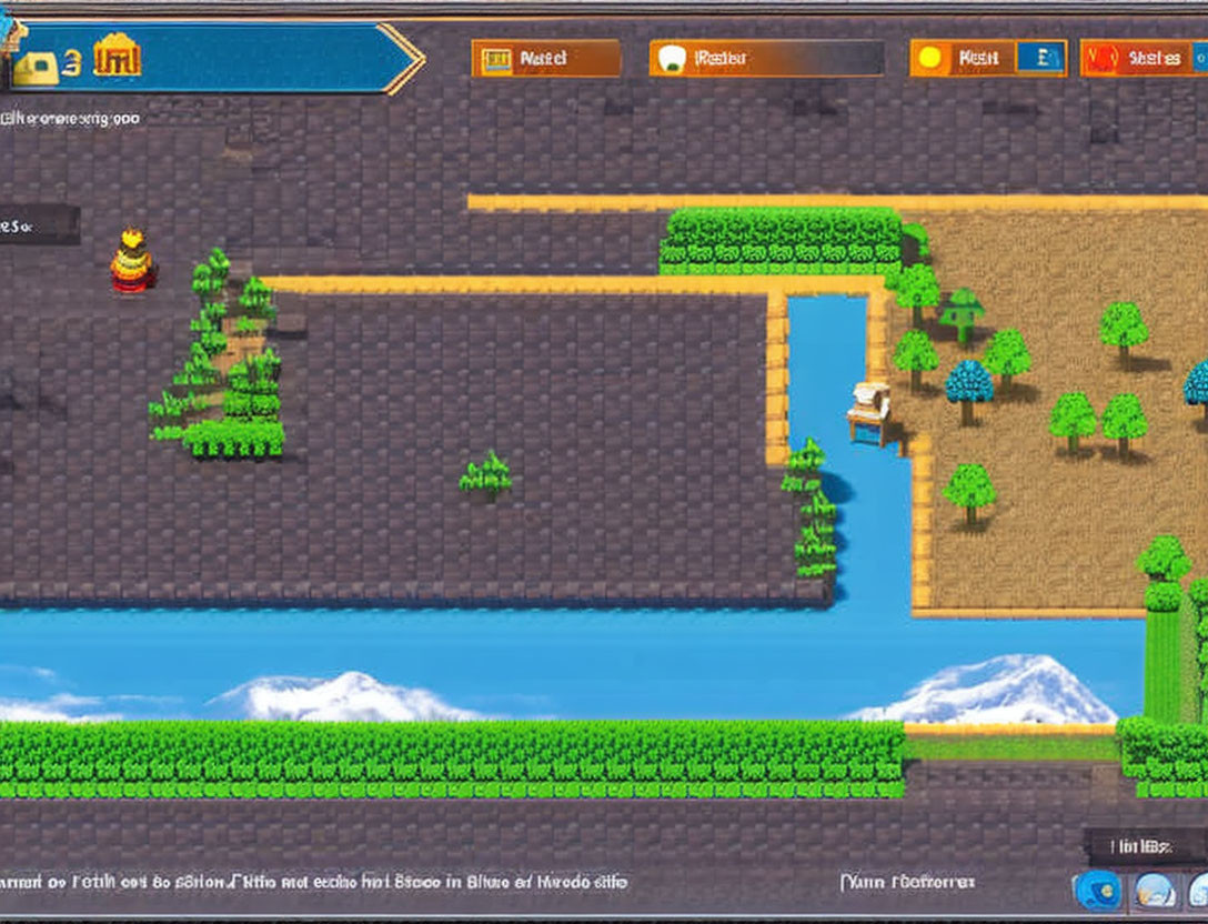 Vibrant 2D Farming Video Game Screen with Crops, Trees, Water Canal,