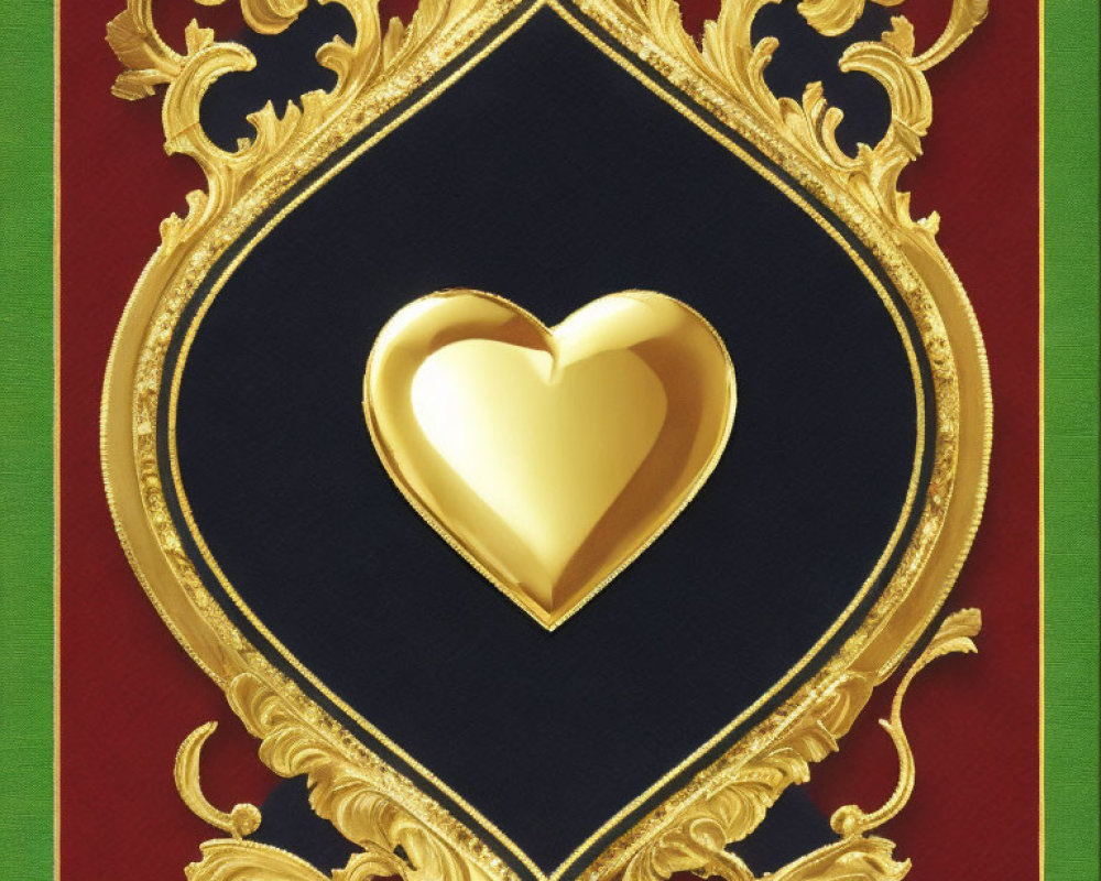 Golden Heart on Black Shield with Green and Red Background and Decorative Border