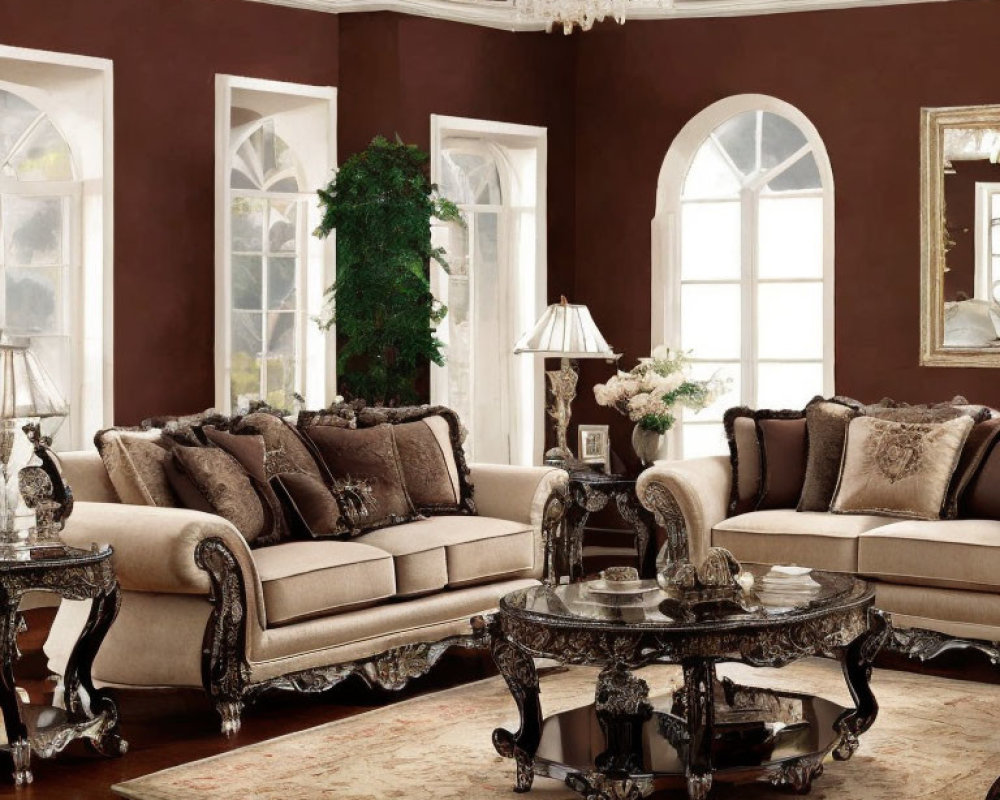 Sophisticated living room with brown walls, plush sofas, ornate furniture, chandelier, ar