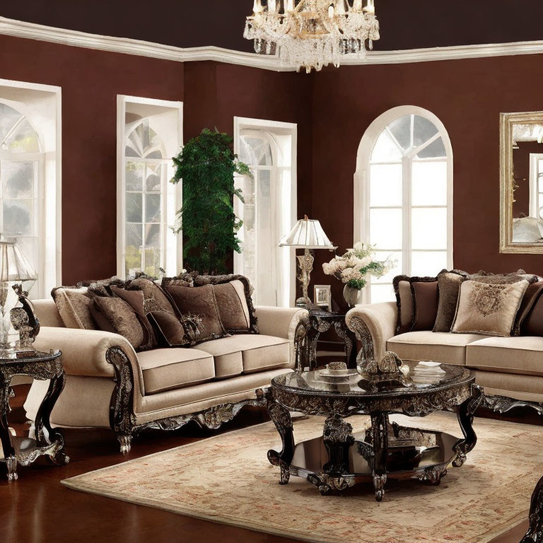 Sophisticated living room with brown walls, plush sofas, ornate furniture, chandelier, ar