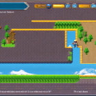 Vibrant 2D Farming Video Game Screen with Crops, Trees, Water Canal,