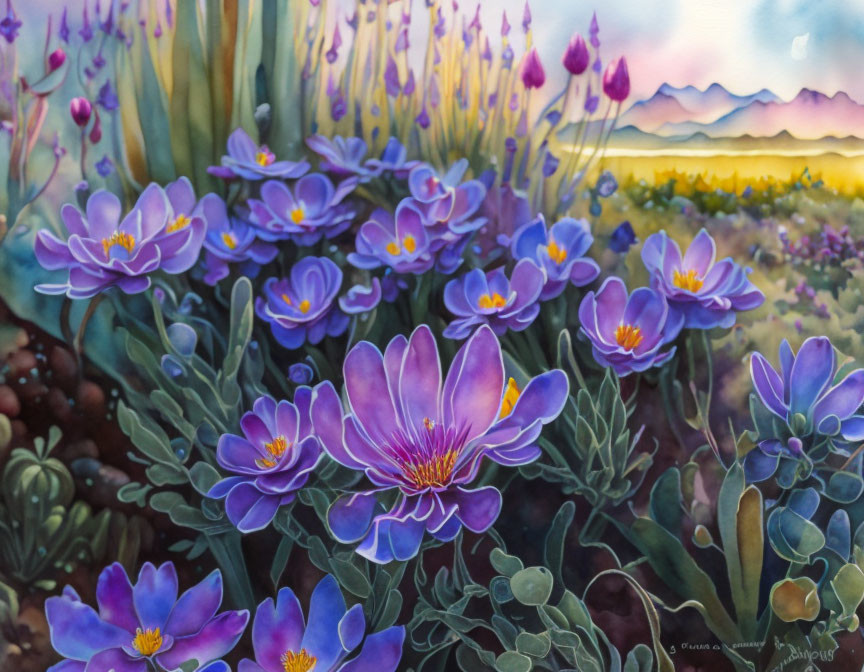 Purple Flowers Painting with Mountain Landscape in Twilight Sky