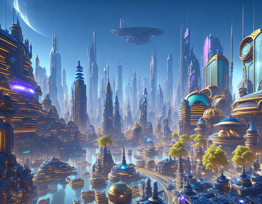 Futuristic cityscape with towering skyscrapers and flying saucer above river