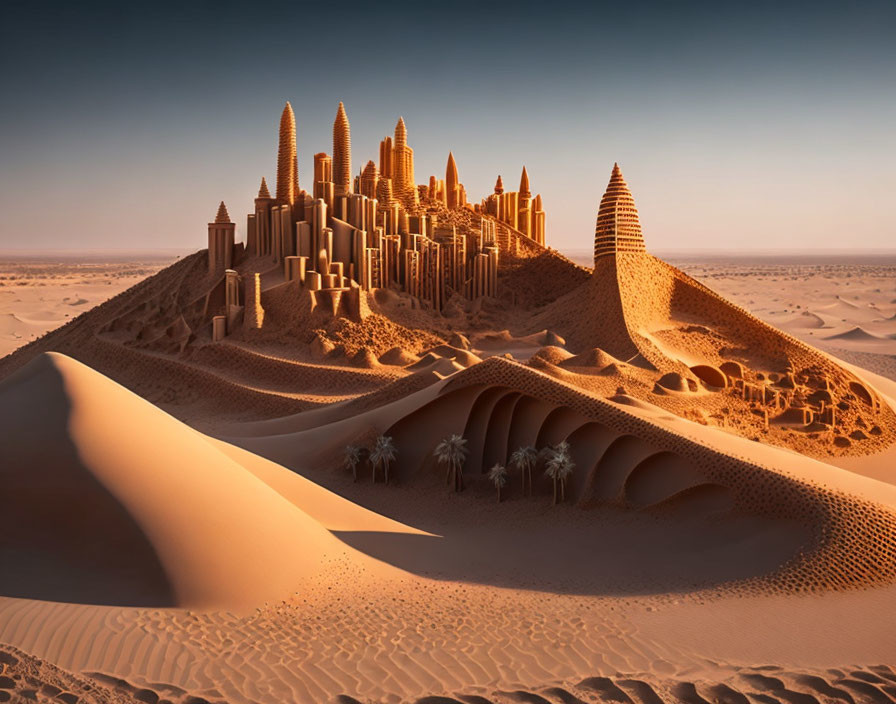 Futuristic desert city with sleek skyscrapers and palm trees in rolling sand dunes