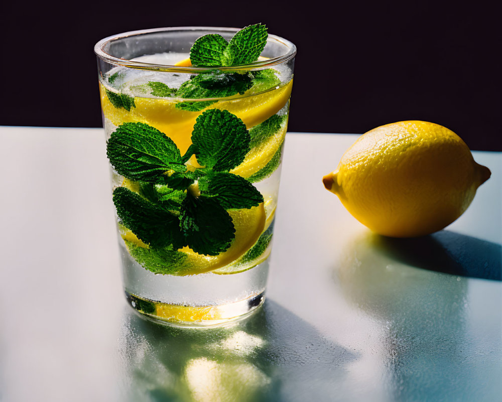 Refreshing lemon water with mint leaves and a whole lemon on reflective surface.