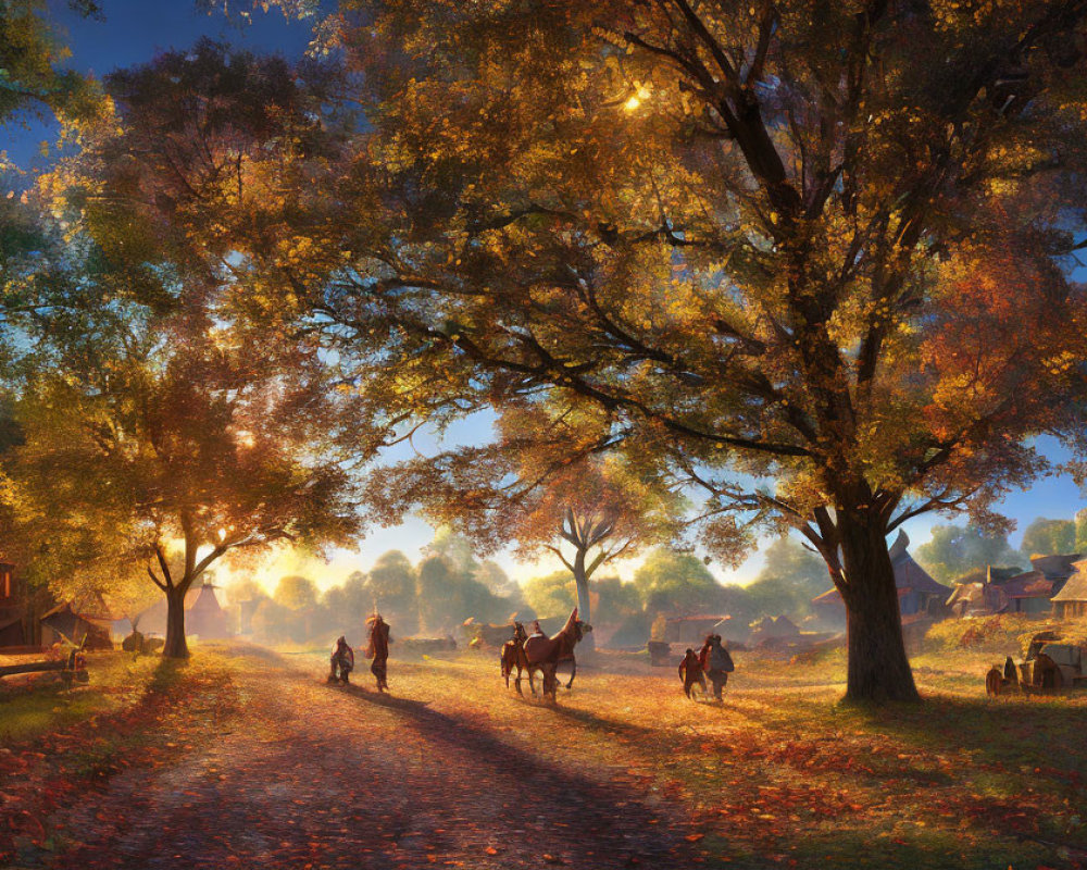 Autumn village scene with sunlight, horses, and rustic vibe
