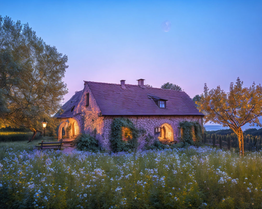 Ivy-covered cottage amidst wildflowers under crescent moon