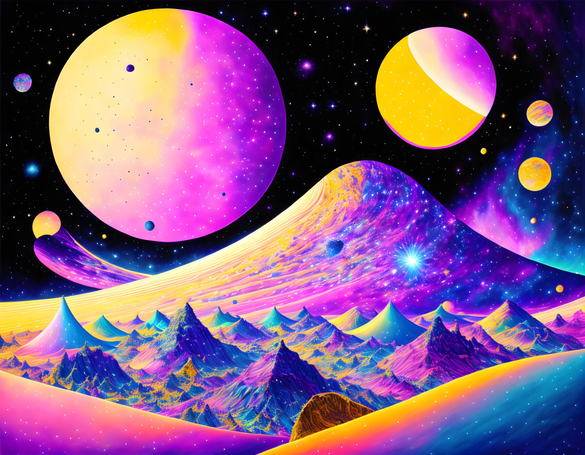 Colorful Cosmic Sky Over Vibrant Purple Mountains
