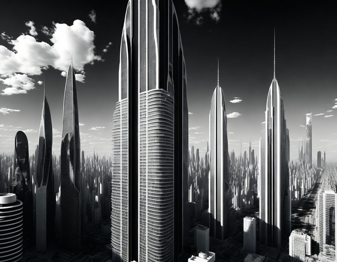 Futuristic grayscale cityscape with towering skyscrapers