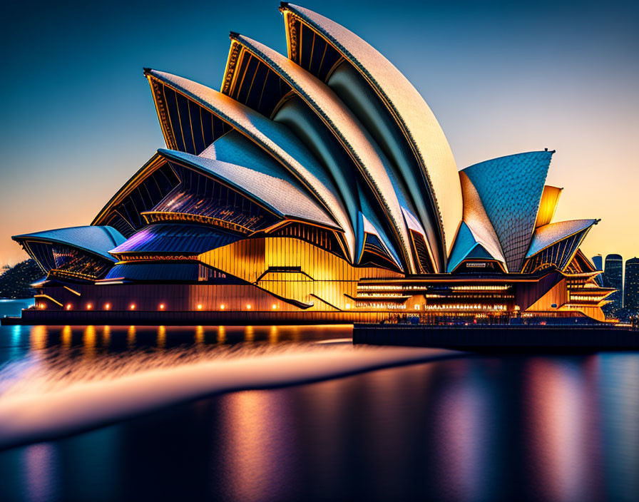 Iconic Sydney Opera House sail-like design illuminated at dusk.