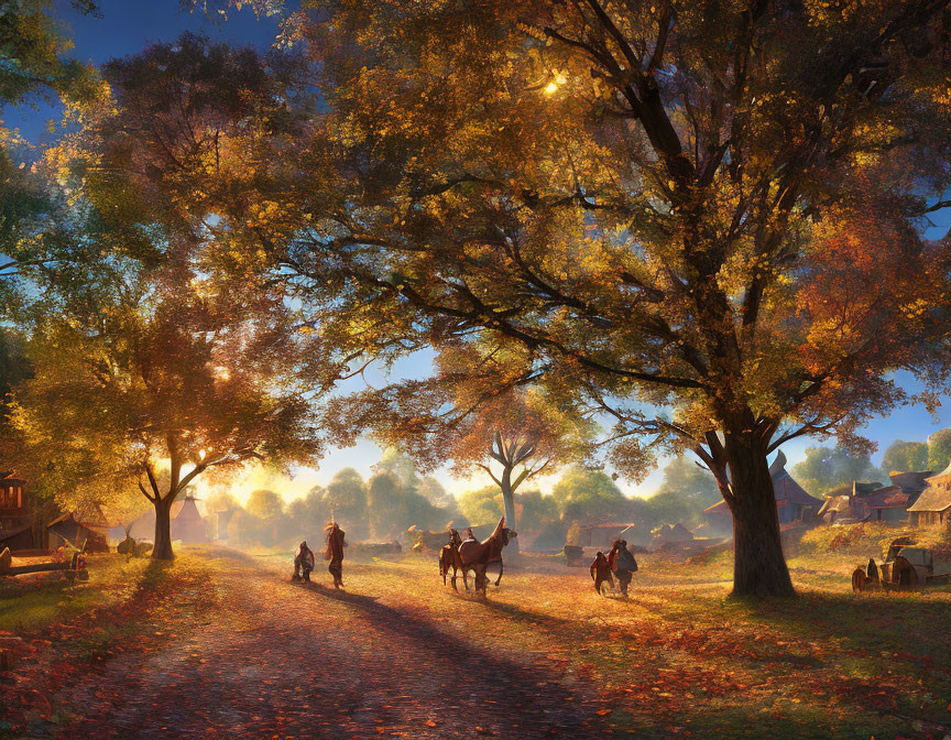 Autumn village scene with sunlight, horses, and rustic vibe