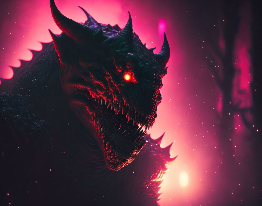 Menacing dragon with red eyes and horns in pink nebula.