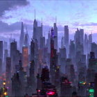 Fantastical dusk cityscape with glowing windows and spire-topped buildings
