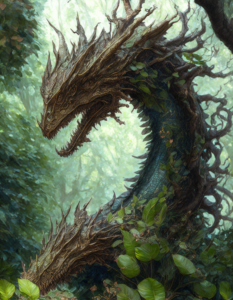Detailed Dragon Head Artwork in Misty Forest Scene