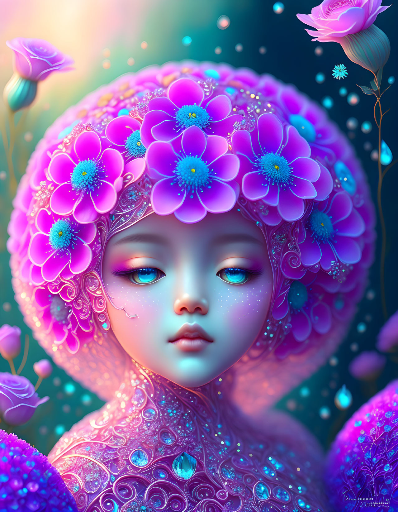 Digital artwork: Female figure with floral headpiece and ornate attire