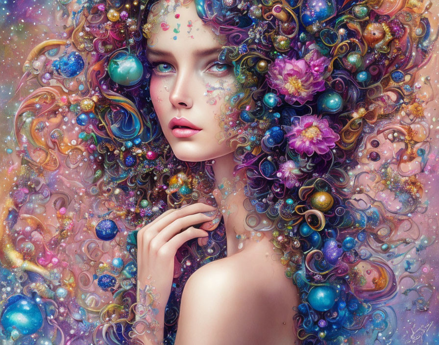 Vibrant surreal portrait of a woman with cosmic elements and flowers in her hair