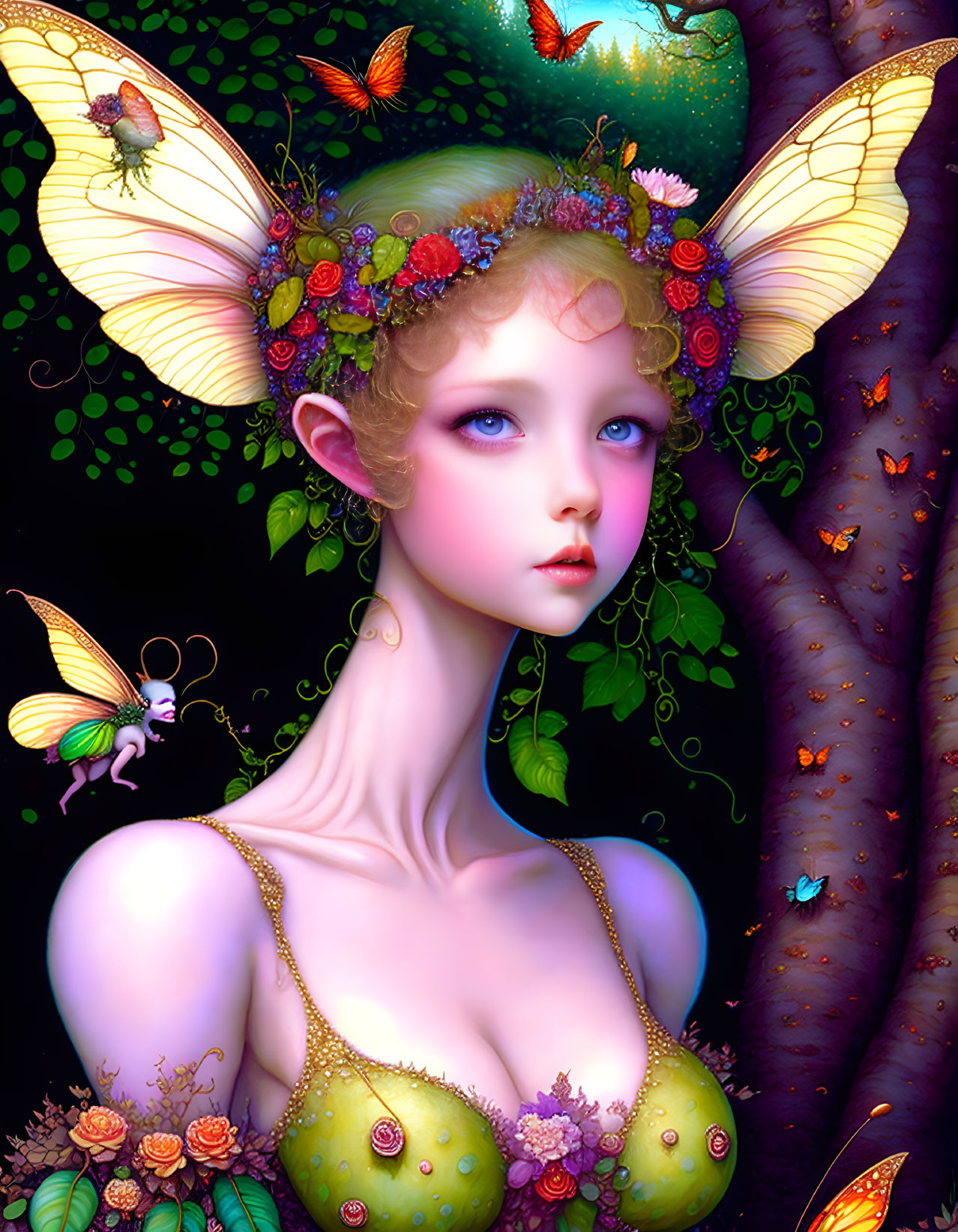 Illustration of a fairy with translucent wings in lush greenery