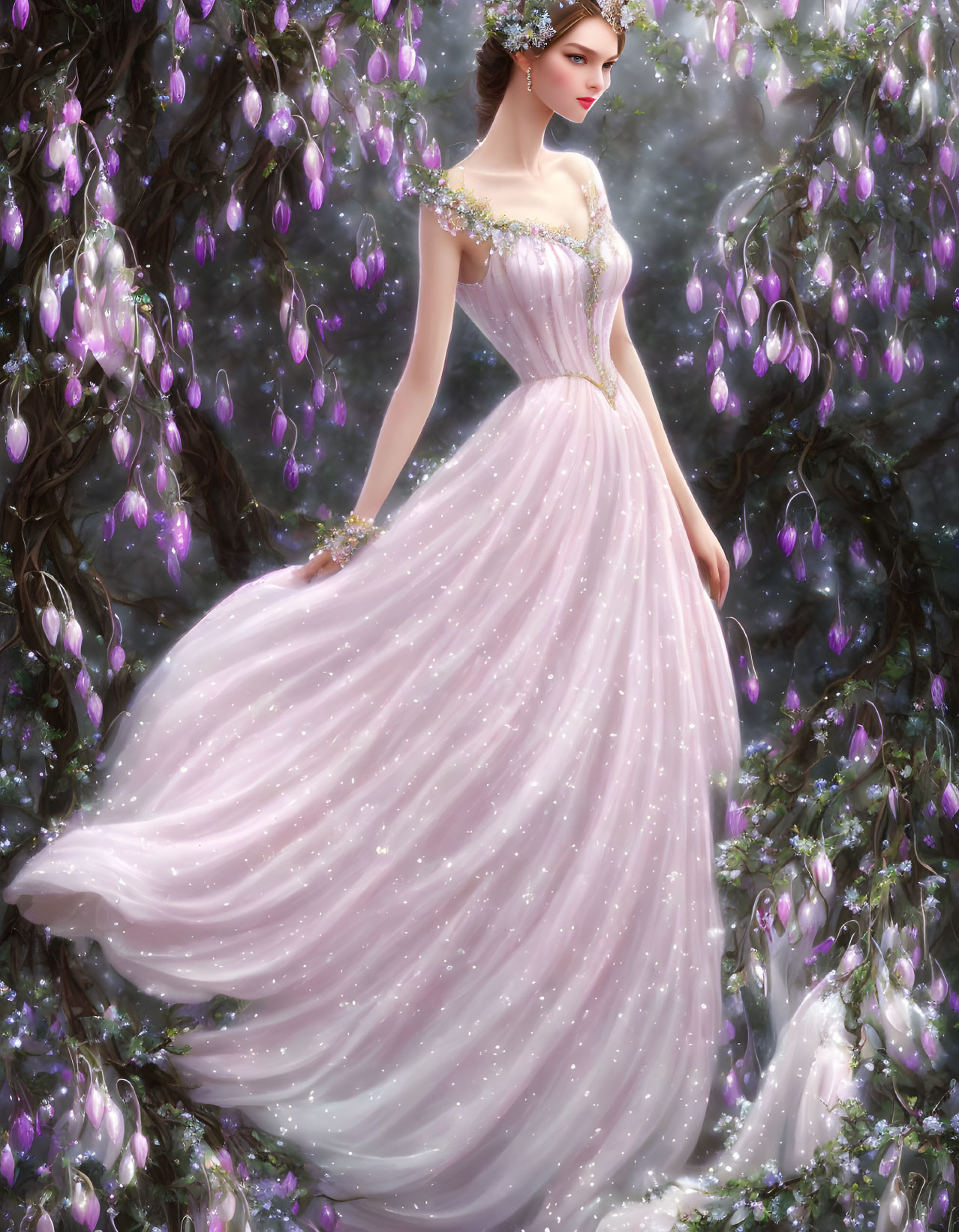 Woman in Pink Gown with Floral Headpiece Surrounded by Purple Wisteria