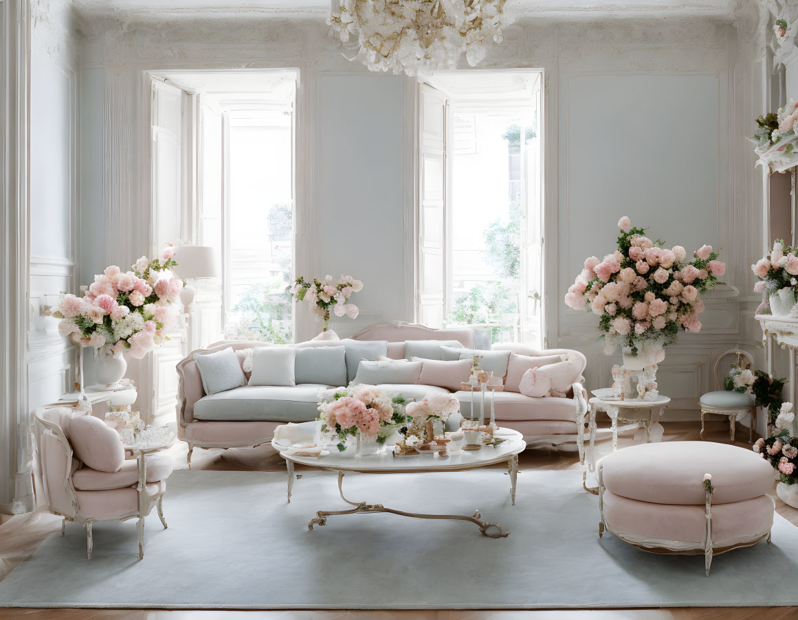 Pastel-themed living room with plush seating and floral arrangements