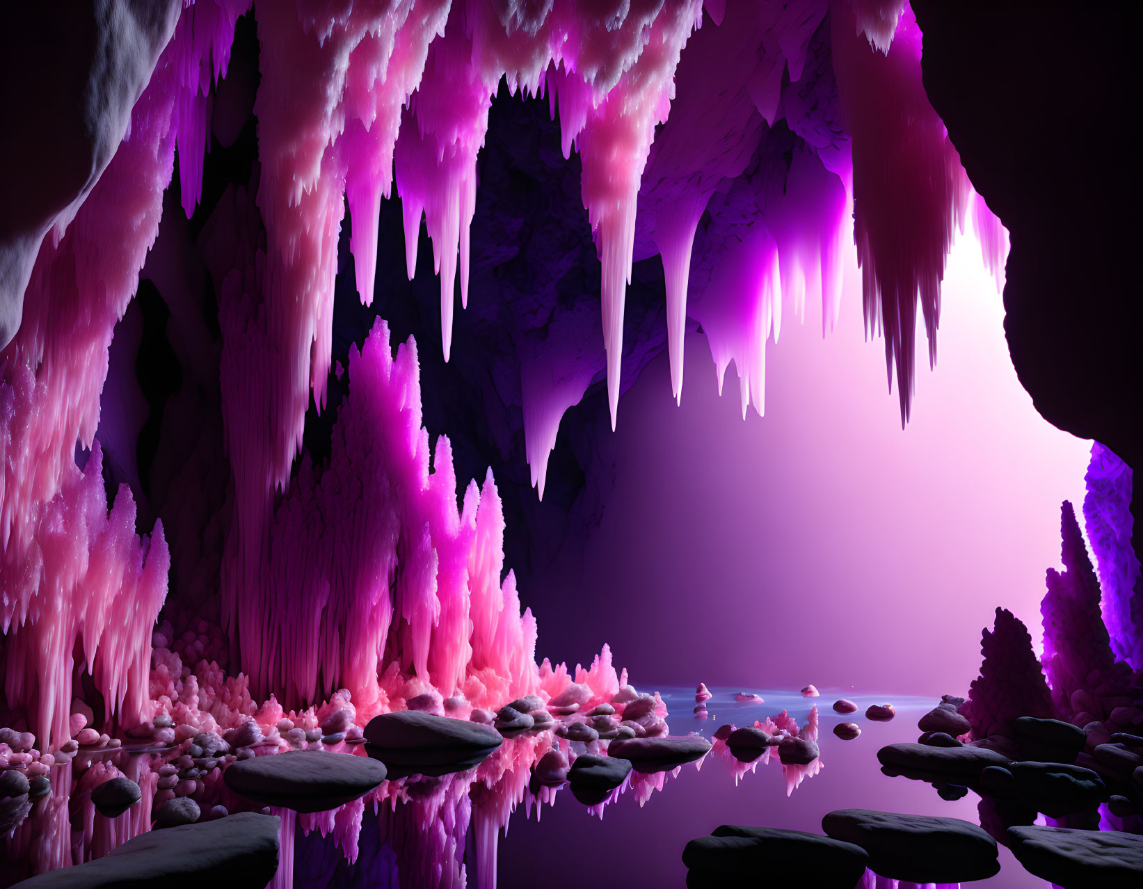 Vibrant purple and pink cave with stalactites, stalagmites, water, rocks