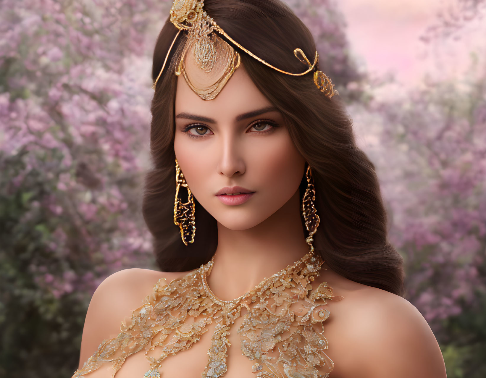 Digital portrait of woman in ornate gold jewelry with headpiece, earrings, necklace against bloom-filled background
