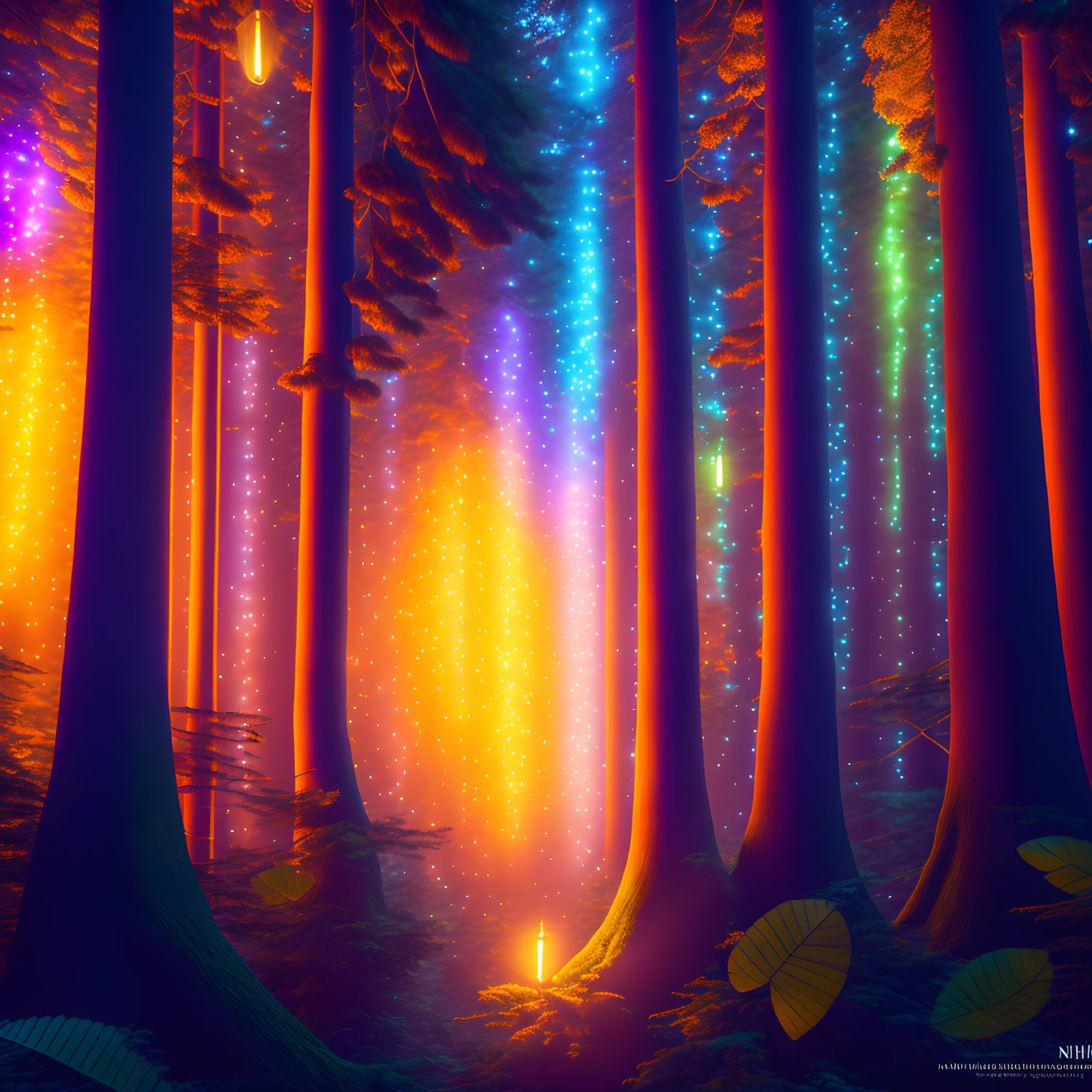 Mystical forest with towering trees and colorful light beams