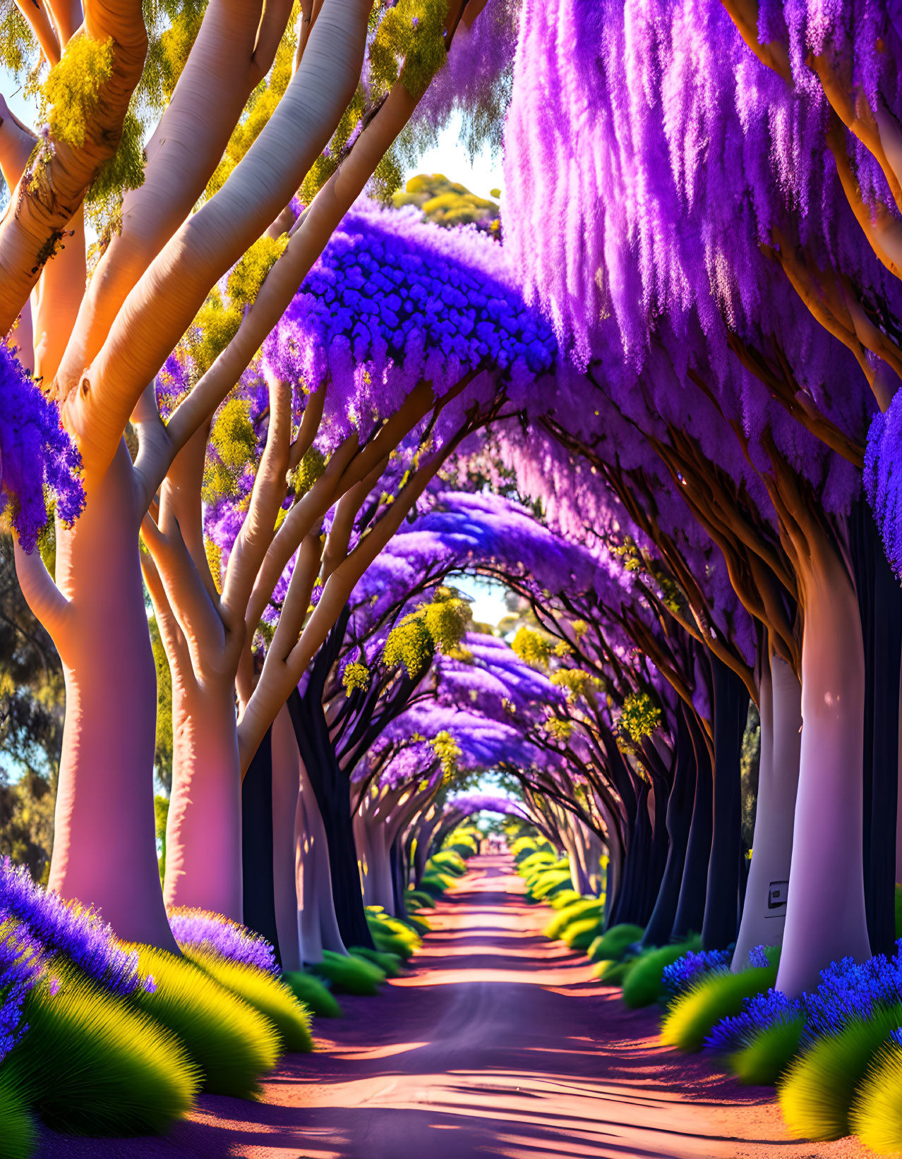 Purple Jacaranda Trees Create Natural Archway Under Sunny Sky