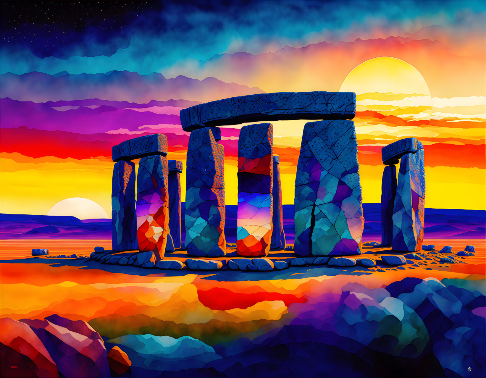 Stonehenge, sunset, watercolor patchwork by Picass