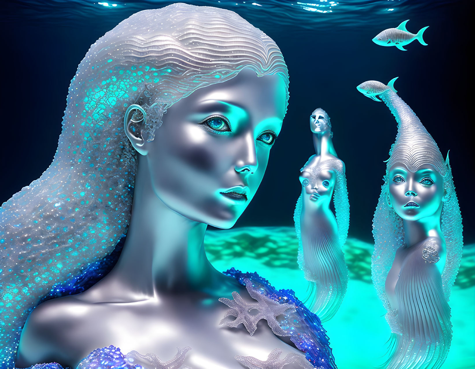 Four mermaid-like figures with shimmering scales and aquatic features in deep-sea setting.