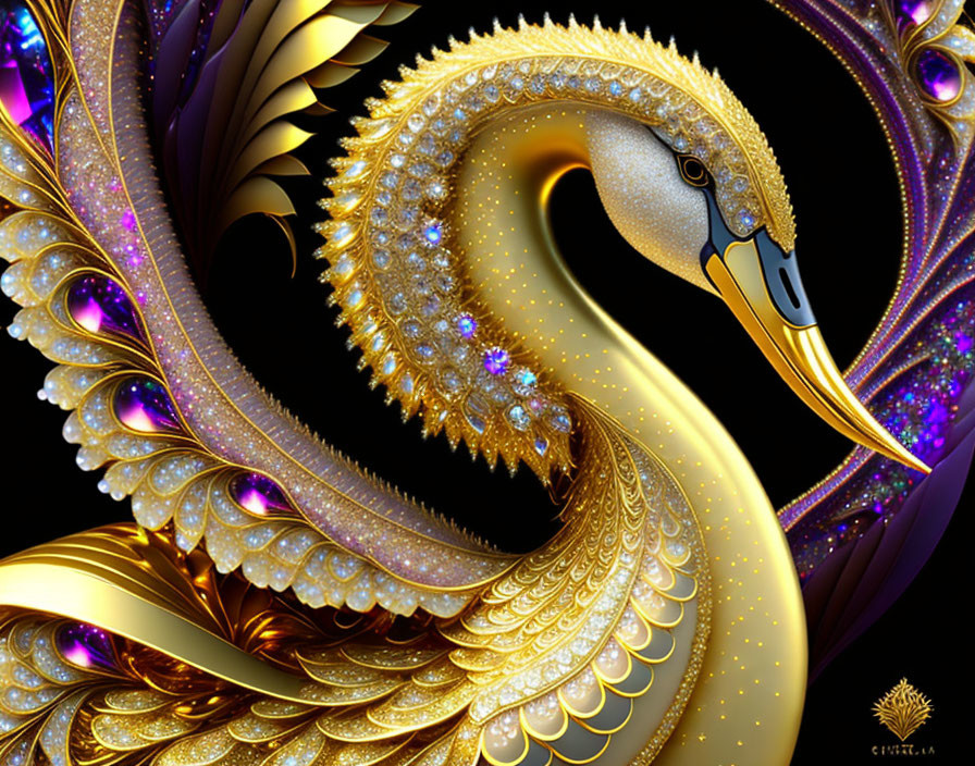 Digital artwork: Ornate swan with golden feathers and jewel accents on dark background