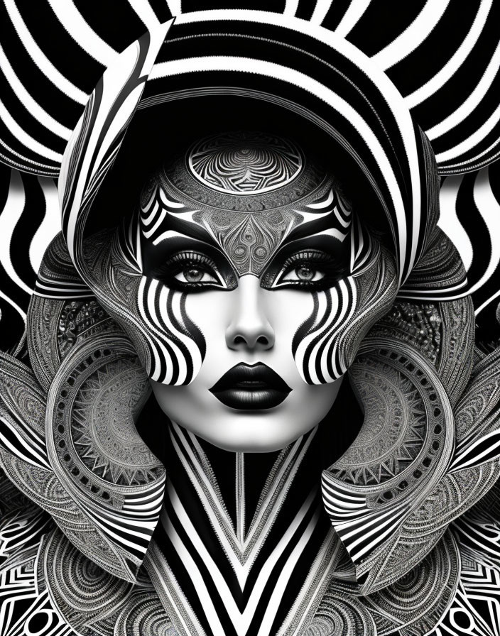 Monochrome digital artwork of stylized female face with intricate patterns and optical illusions.