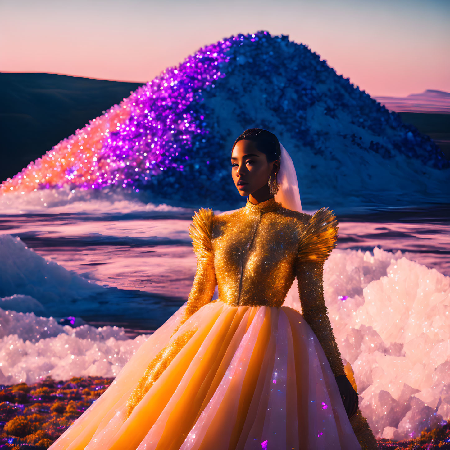 Woman in Sparkling Gold Gown Amid Crystal Backdrop at Sunset