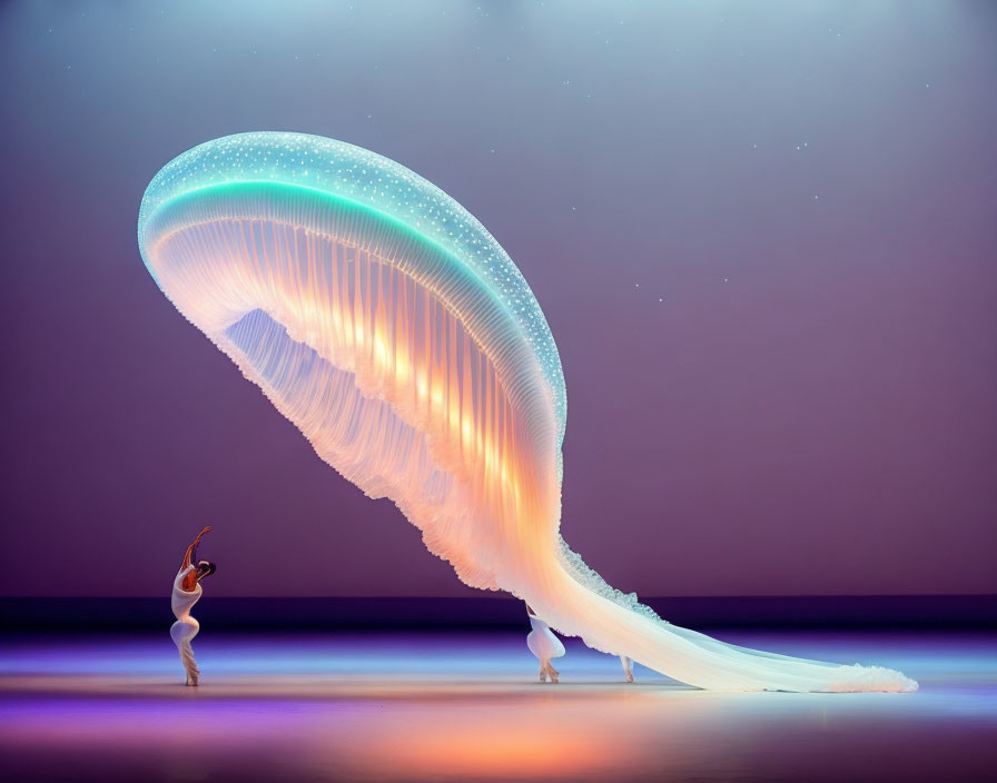 Elegant ballet dancer in illuminated jellyfish costume on stage
