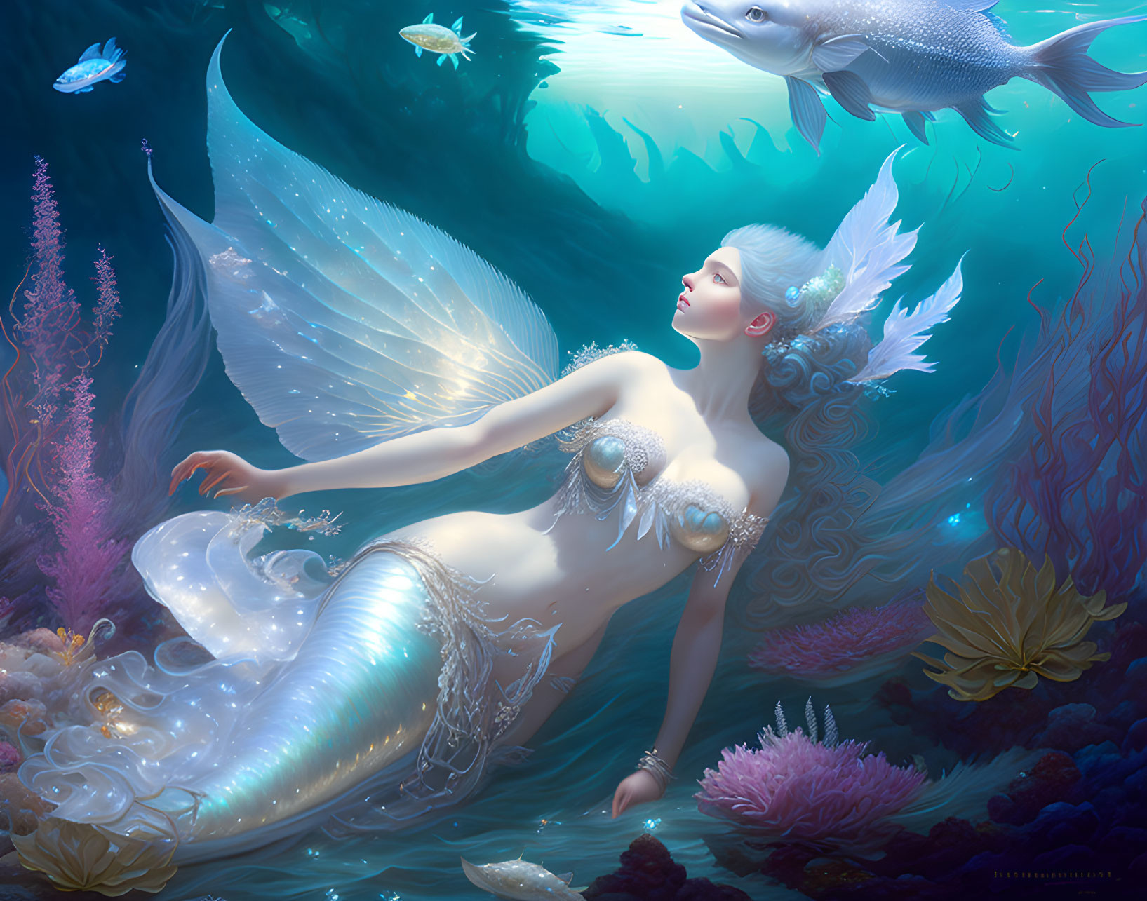 Mermaid with Shimmering Scales and Delicate Wings Among Colorful Underwater Scene