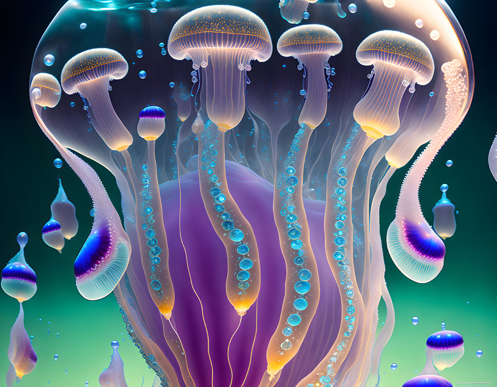 Translucent jellyfish digital artwork in underwater scene