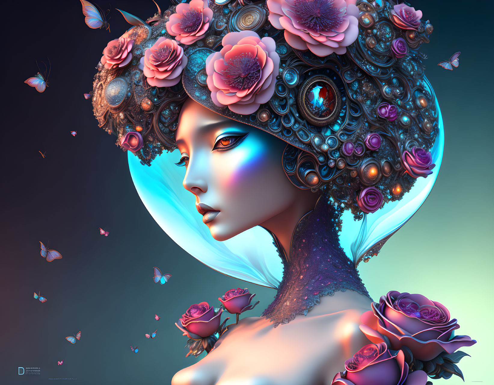 Digital artwork: Woman with decorative headpiece of flowers, butterflies, and mechanical elements on lunar backdrop