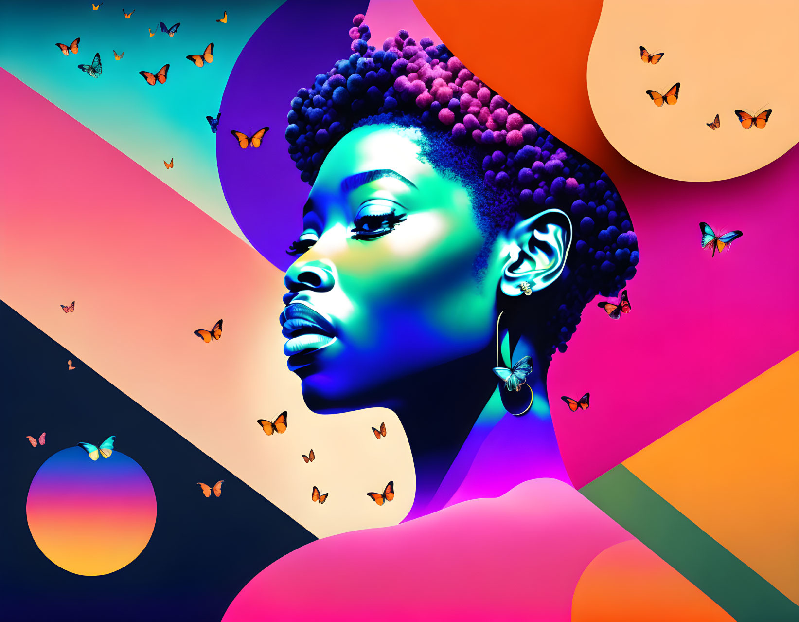 Colorful digital artwork: Woman's profile with purple hair, butterflies, and sunset gradient.