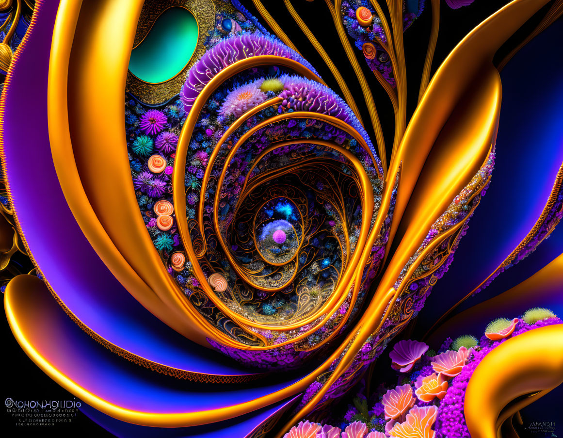 Colorful fractal spiral with intricate patterns in blues, purples, and golds