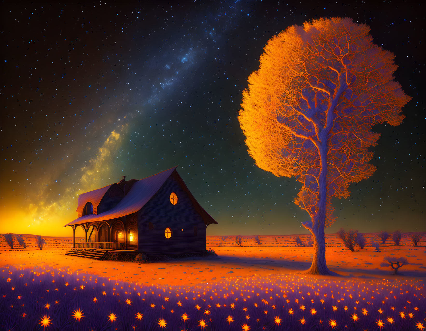 Twilight scene of glowing house, starlit sky, and radiant tree