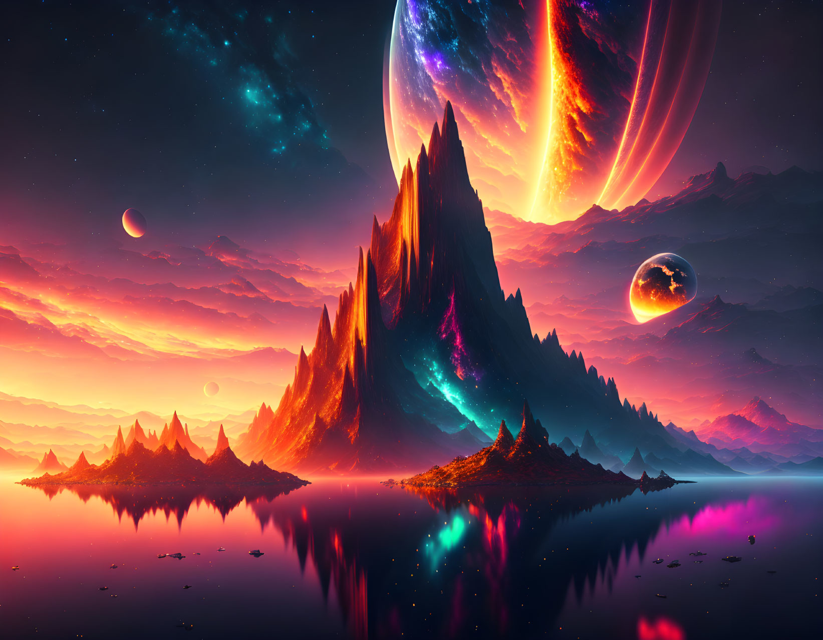 Surreal landscape with mountains, planets, and colorful sky