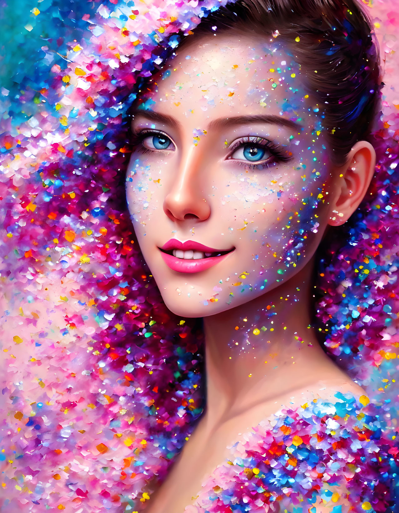 Colorful digital portrait of a woman with multicolor confetti textures and a smiling gaze