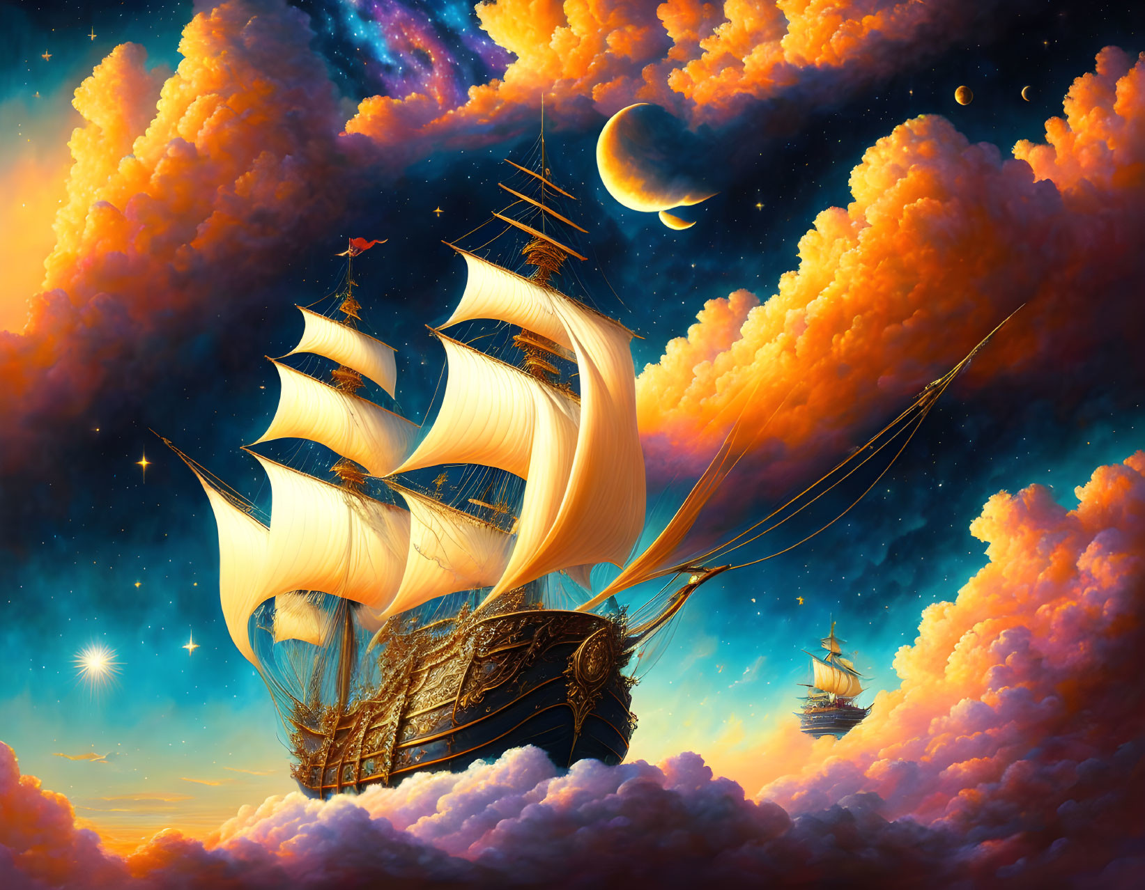 Fantasy scene of sailing ships in sky with planets and stars