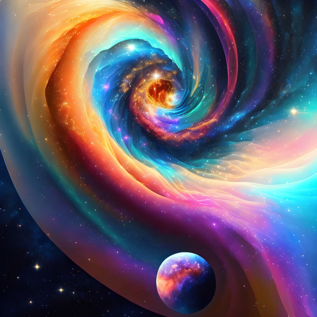 Colorful swirling galaxy, nebula, and planet in cosmic scene