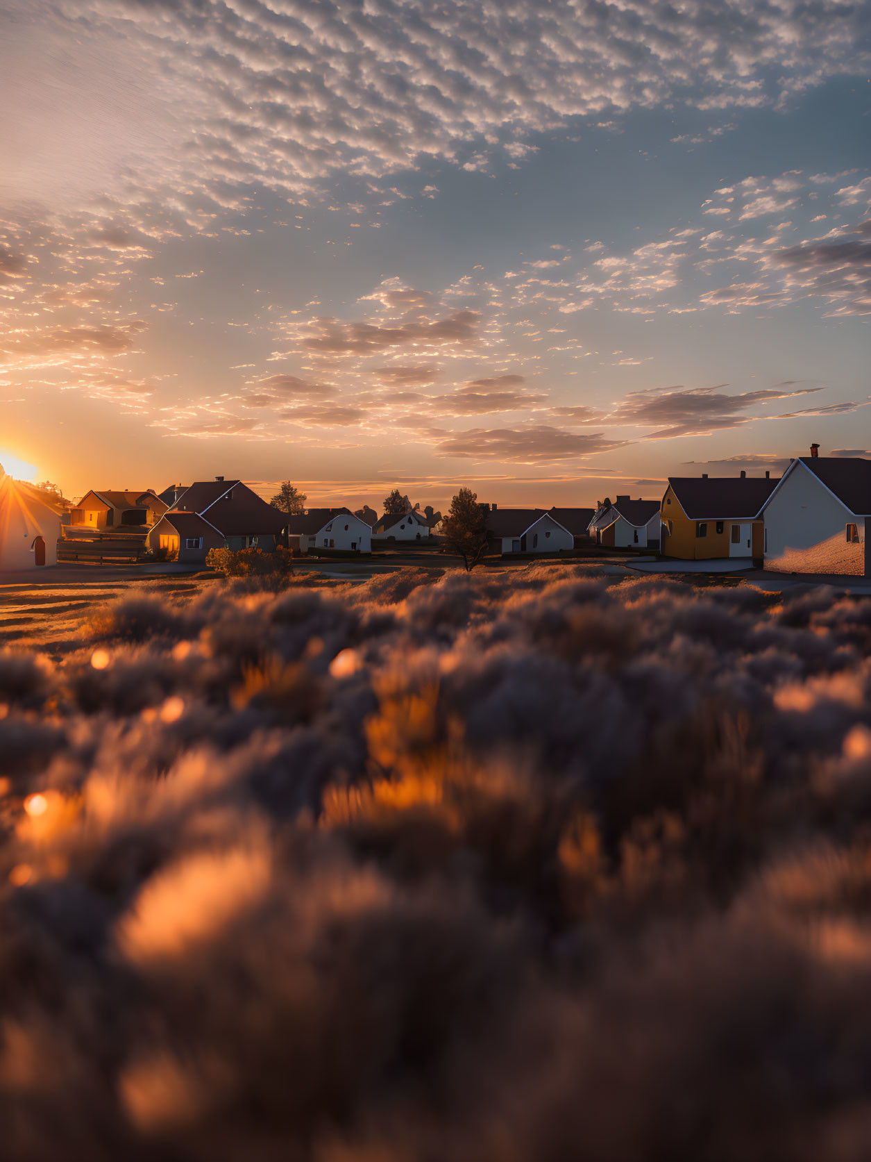 Suburban Neighborhood at Sunset with Lavender Field and Textured Clouds