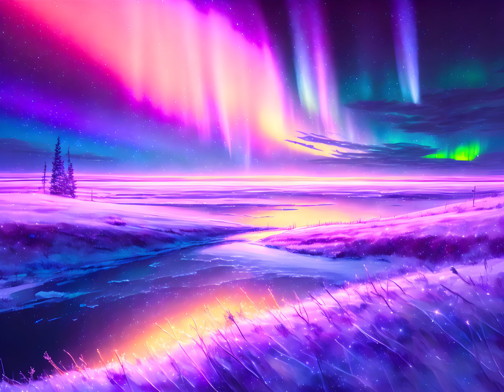 Northern Lights shimmer above snowy landscape with sunset glow and icy river.