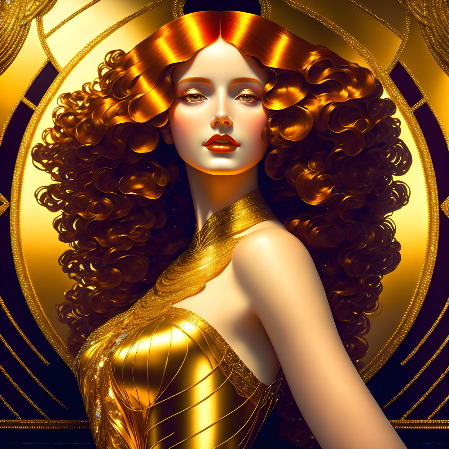 Voluminous Curly Red Hair Woman Portrait on Ornate Golden Art Deco Background