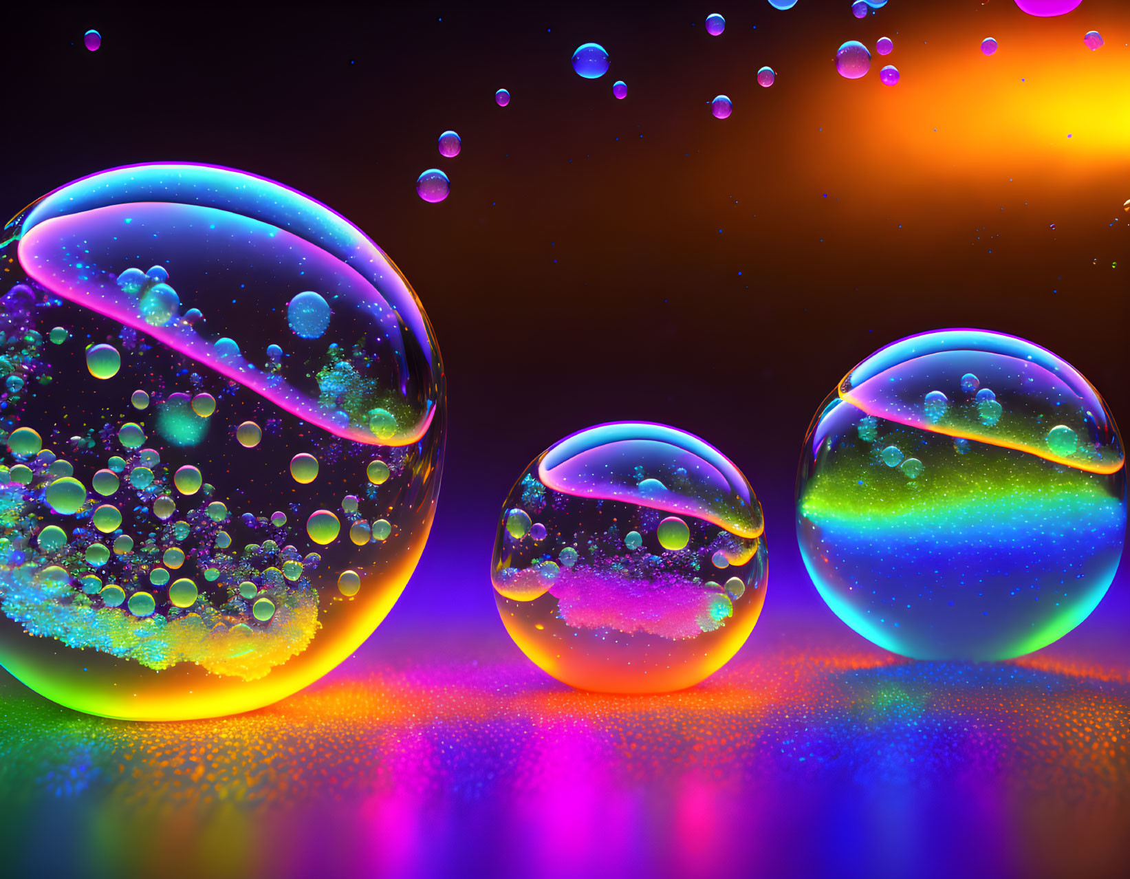 Vibrant orange and purple background with colorful translucent bubbles