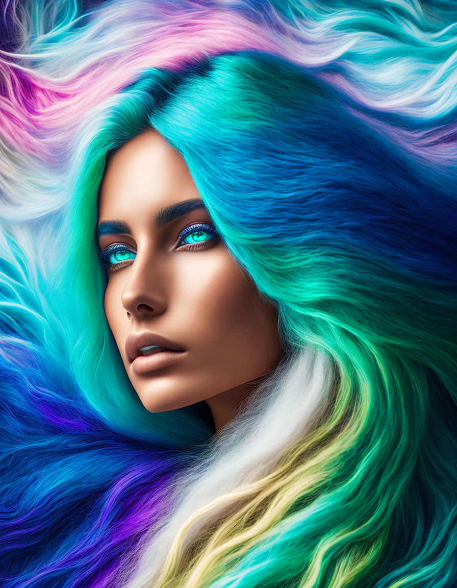 Woman with Vibrant Multicolored Hair and Striking Blue Eyes