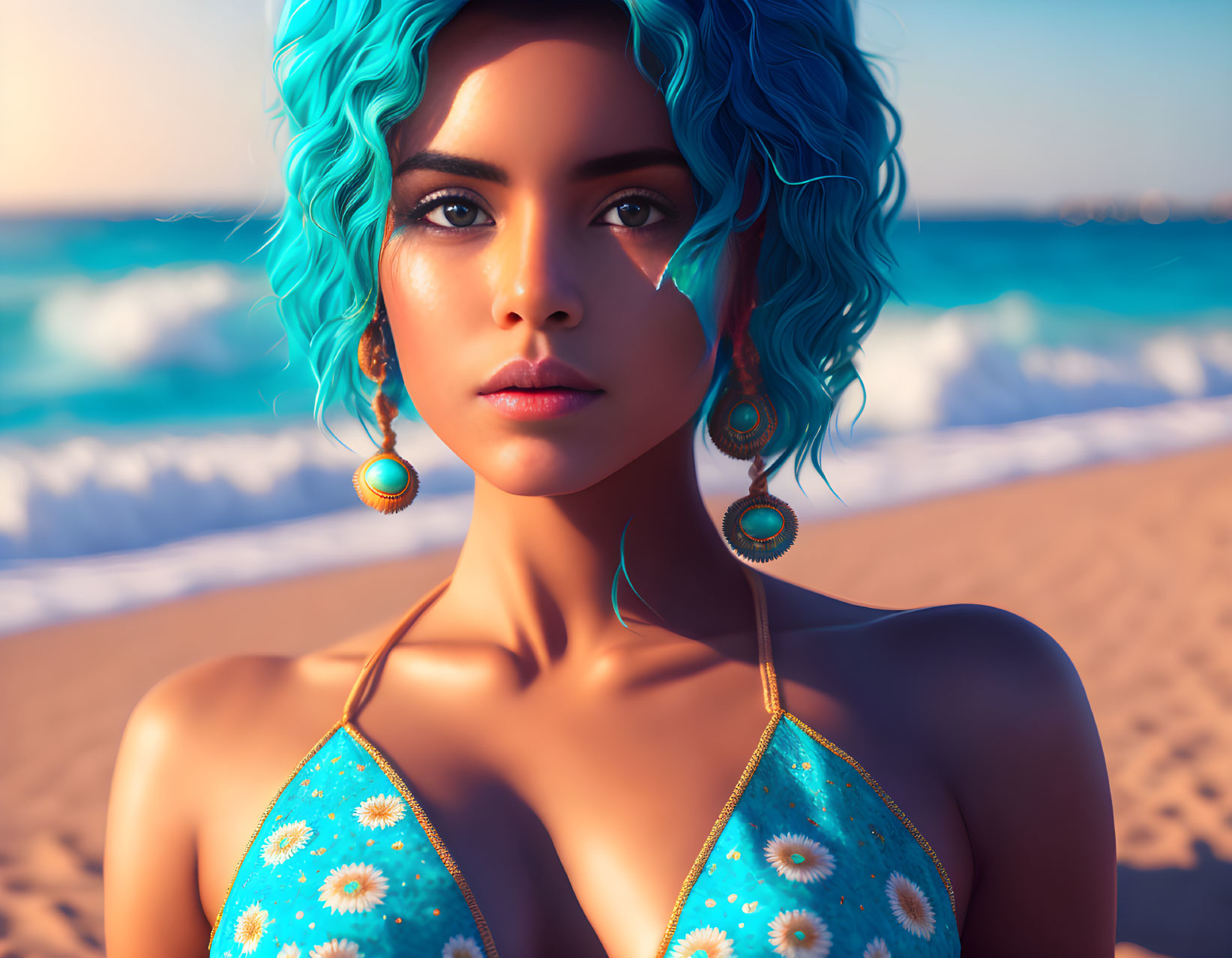 Woman with Blue Hair in Bikini and Earrings against Beach Background